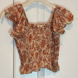 Perry Walker Collective Orange Tan Floral Ruffle Strap Smocked Top S